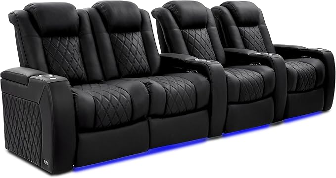 Valencia Tuscany Home Theater Seating Semi-Aniline Italian Nappa 20000 Leather Ultimate Luxury Heat & Ventilation Power Recliner Power Lumbar and Headrest (Row of 4 Loveseat Left, Onyx)