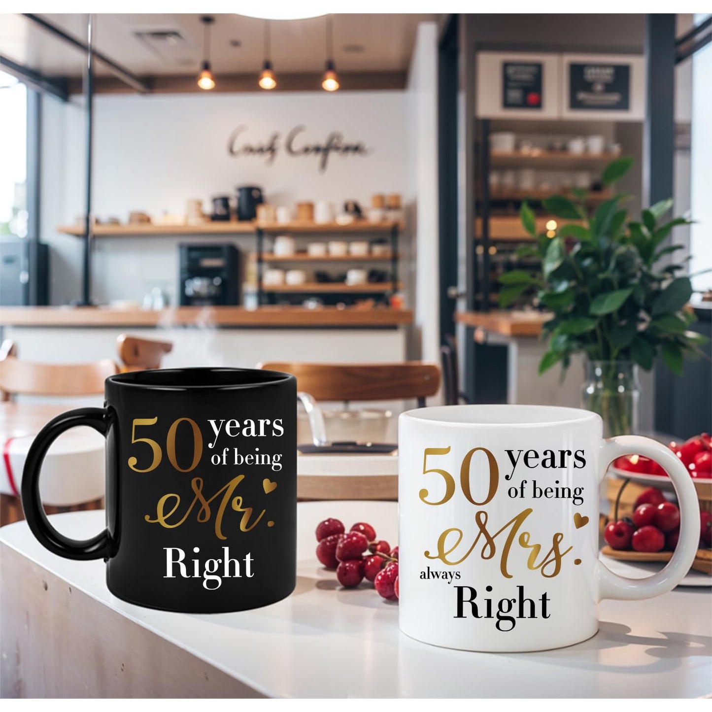ZWV 50th Anniversary Coffee Mug Set, Ideal Gift for Mr Right/Mrs Always Right, 50th Wedding Anniversary Decoration Gift Cup for Couples Parents Grandparents, 2 Black and White Mugs-z34