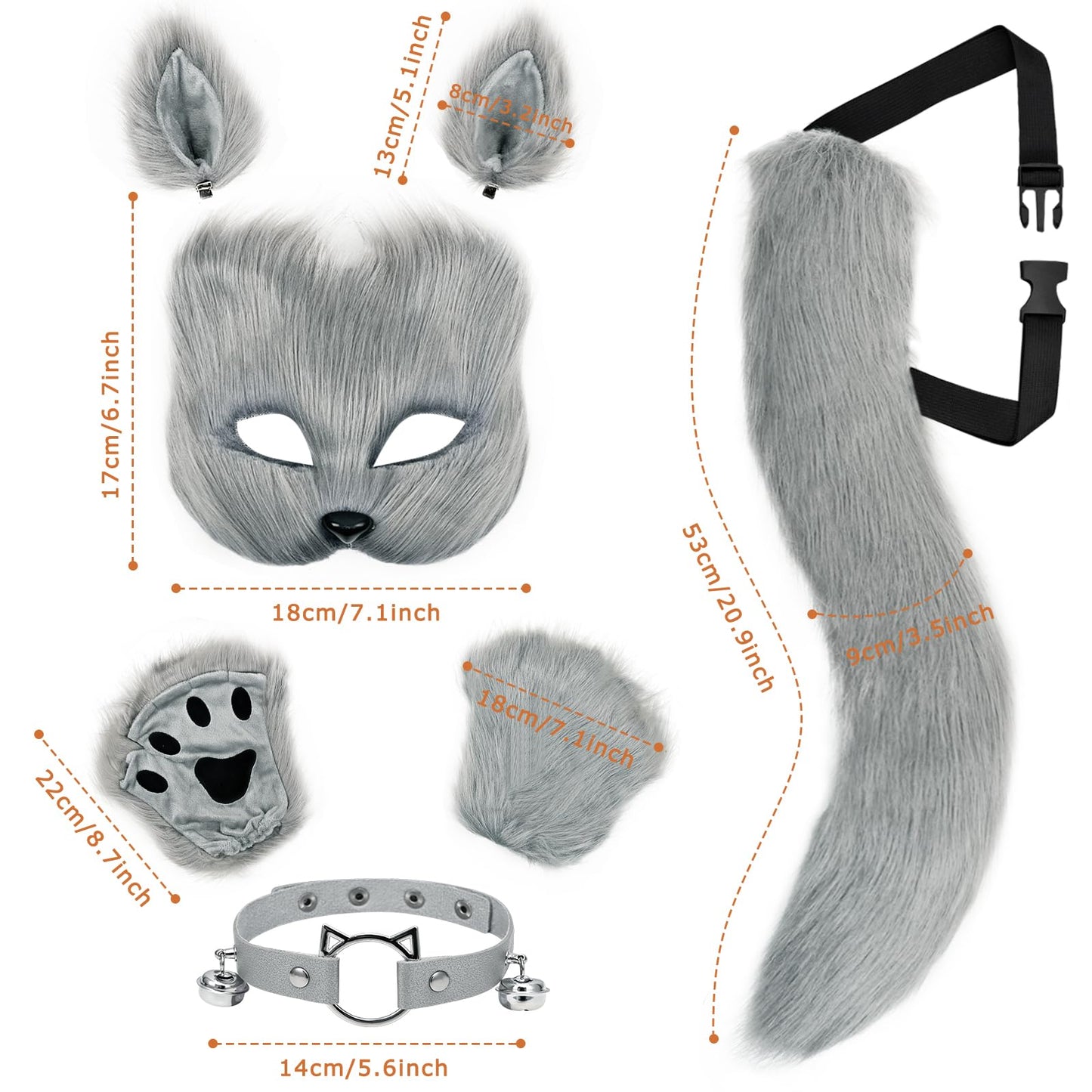 Yinhua Gray Therian Mask and Tail Kit Faux Furrfy Fox Mask Cat Paws Gloves and Ears for Kid & Adult Halloween Cosplay Party