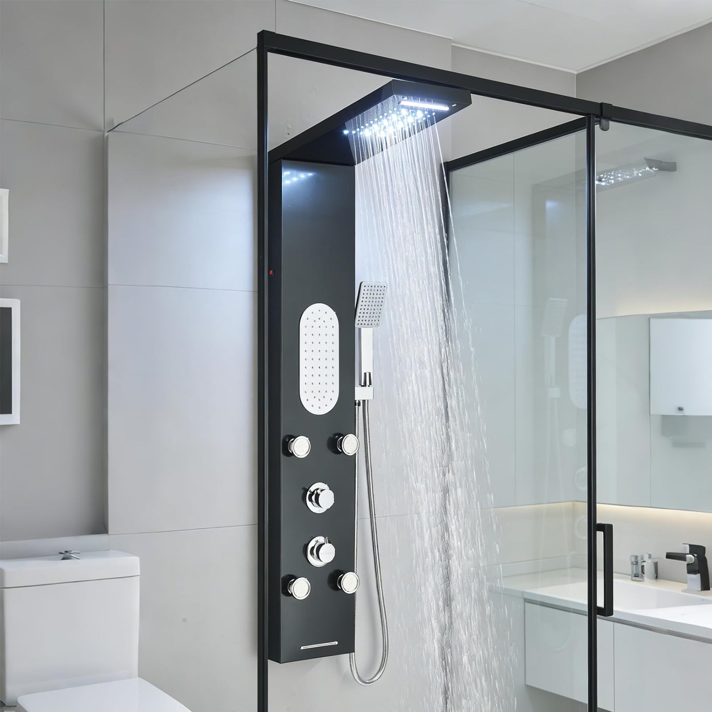 Luxury Shower Tower System with LED Shower Head, 5-Function Shower Column with Rainfall Waterfall Shower Head, 4 Body Jets, Handheld and Tub Spout,Body Waterfall Shower Panel Tower System Black-8125
