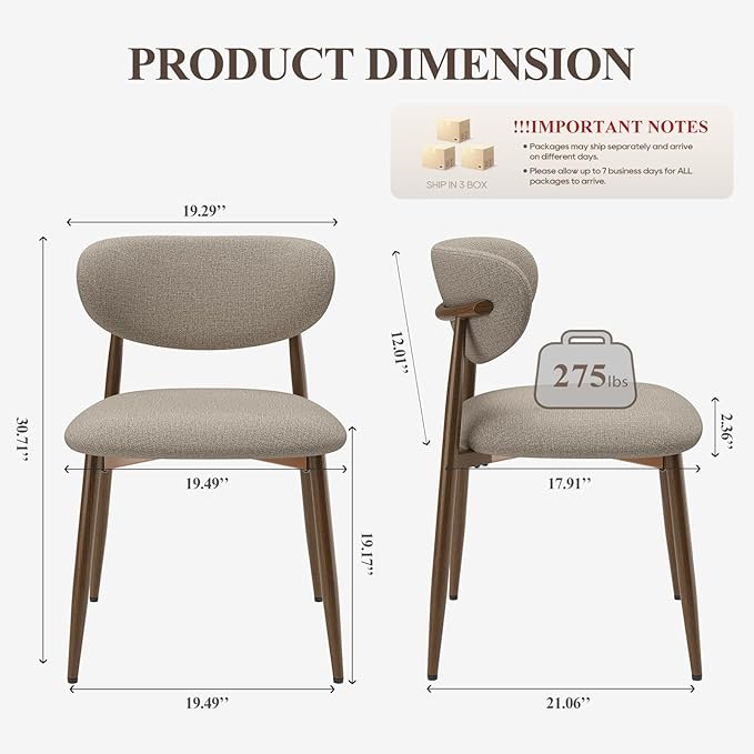 MALOL Dining Chairs Set of 6, Upholstered Dining Room Chairs with Metal Legs and Anti Slip Pads, Curved Back Kitchen Chair for Home and Restaurant Use, Camel
