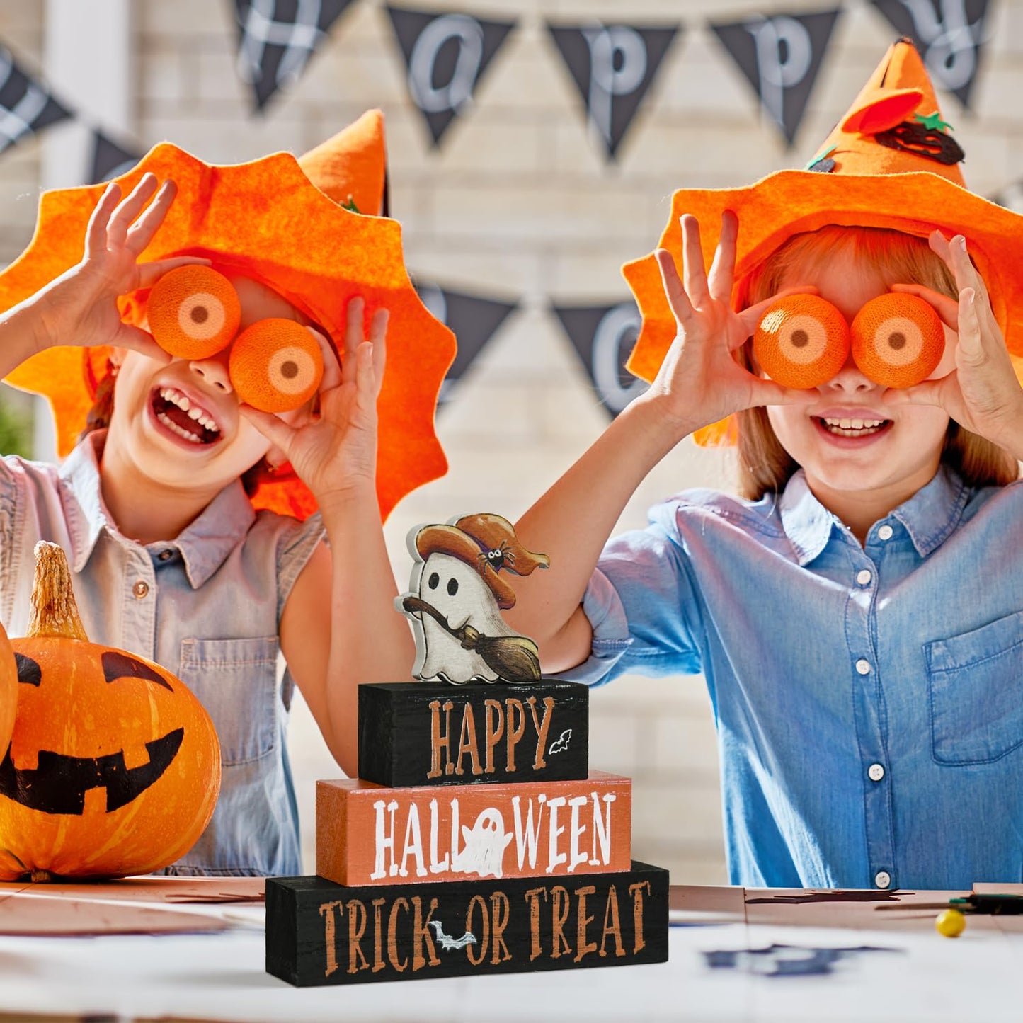 Smile 4 Pcs Wooden Blocks Signs, Happy Halloween Indoor Decorations, Trick or Treat Farm Decor Spooky Rustic for Home Table Shelf and Kitchen