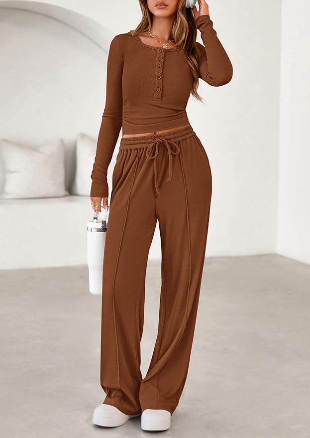 PRETTYGARDEN Women's 2026 Fall Trendy 2 Piece Outfits Lounge Sets Long Sleeve Top Henley Shirts Wide Leg Pants Travel Clothes