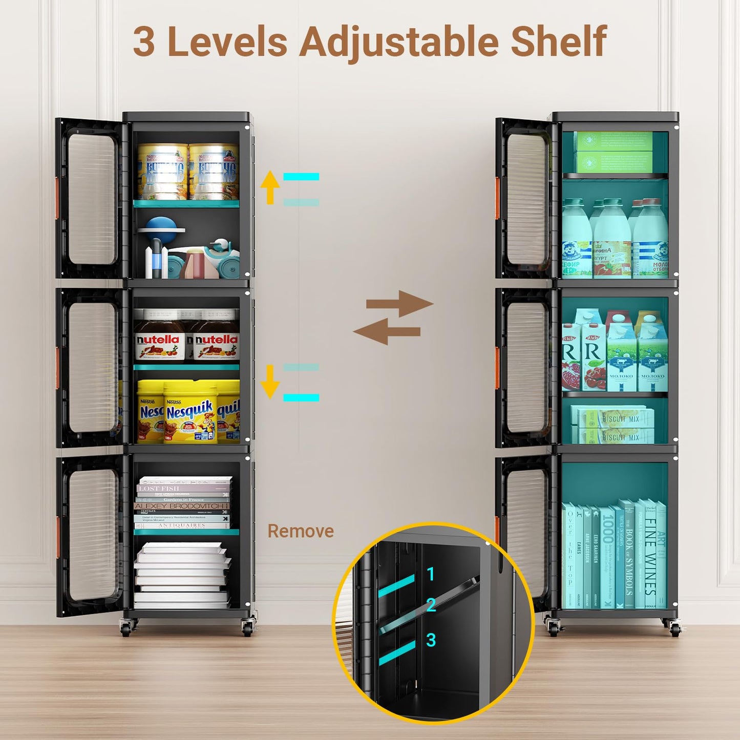 BROVIEW 4-Tier Tall Narrow Storage Cabinet Organizer, Slim Bathroom Cabinets with Doors and Shelves Adjustable, Plastic Kitchen Pantry Organizers and Storages for Small Space, Laundry, Black