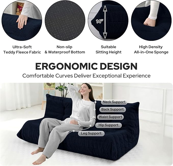 HABUTWAY Bean Bag Chairs Fireside Lazy Floor Sofa, Soft Teddy Fleece 3 Seater Sofa with High-Resilience Foam Filling，Beanbag for Living Room, Bedroom, Office (Navy Blue Teddy)