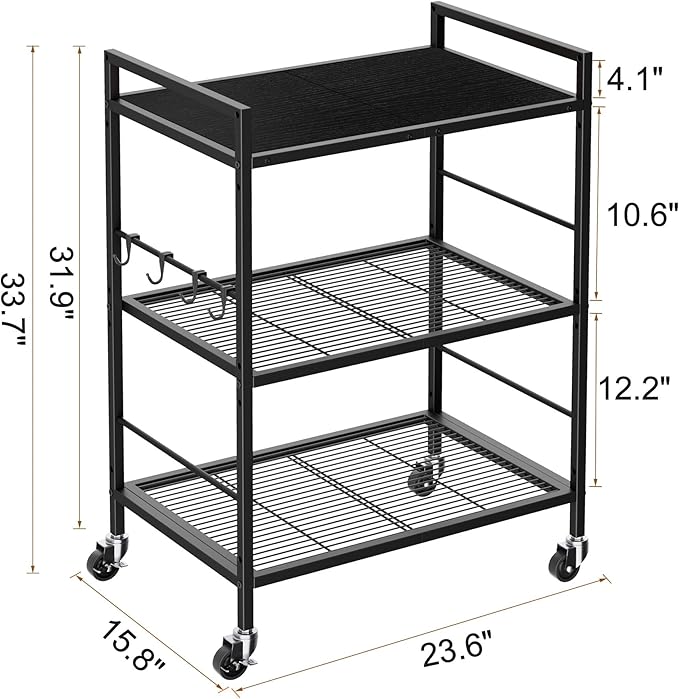 XIVIRACK 3-Tier Metal Storage Rack with Industrial Wheels,Mesh Shelving Unit with Wooden Table top,Adjustable Shelf,23.6-Inch Width,15.8-Inch Depth, for Kitchen, Laundry,Pantry,Plant,Black panel