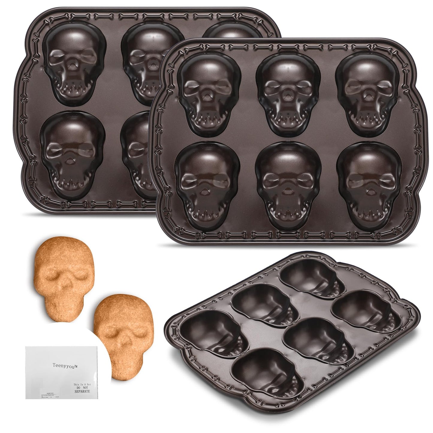 Teenyyou 2 Pcs Halloween Skull Baking Pan 6 Cavities 3D Skull Baking Mold for Pizza Metal Cake Mold Bakeware for Halloween Ice Cupcake Chocolate Pizza Jelly Candy Pudding