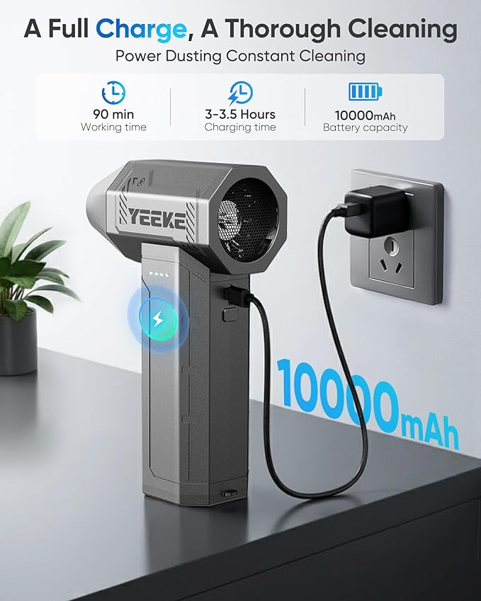 Compressed Air Duster, 300000 RPM & 400 G Wind Pressure, 10000 mAh Battery with Fast Charging, 4-Gear Electric Air Duster Rechargeable, Electric Duster Mini Blower with LED Light for Cleaning