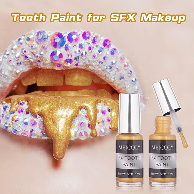 MEICOLY Gold Tooth Paint,Rotten Decayed Cruddy Missing Teeth Makeup,Professional Cosplay Teeth,Temporary Teeth Paint for Halloween SFX Special Effects Makeup,Dry Fast,Safe for Mouth,Long Lasting