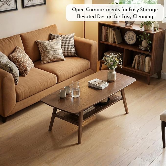 Hymus Solid Wood Coffee Table - 2-Tier Modern Center Table, Living Room Tables with Double Storage for Living Rooms, Bedrooms, and Offices (Walnut, 31.49" D x 19.68" W x 17.32" H)