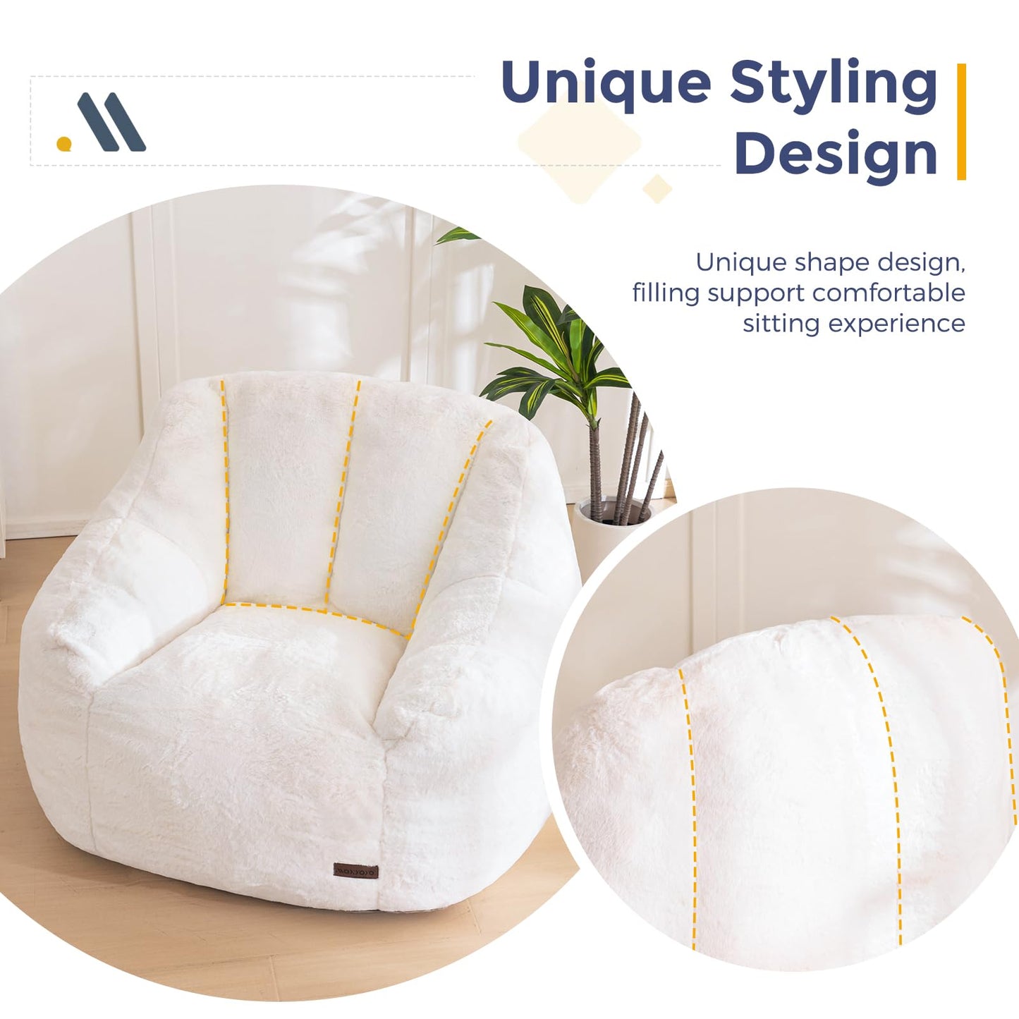 MAXYOYO Bean Bag Chair, Comfy Bean Bag Sofa with Back Support, Faux Fur Bean Bag Chair for Adults and Kids, Stuffed Floor Sofa for Living Room, Bedroom, Apartment, Beige