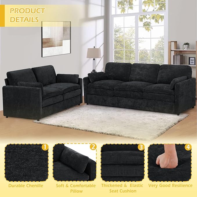 ACMEASE 2 Pieces Chenille Sofa Set w/Two Throw Pillows, Upholstered Loveseat & 3 Seater Sofa w/Comfortable Back Cushions, Modern 2-Seat & 3-Seat w/High-Density Foam for Living Room, Apartment, Black
