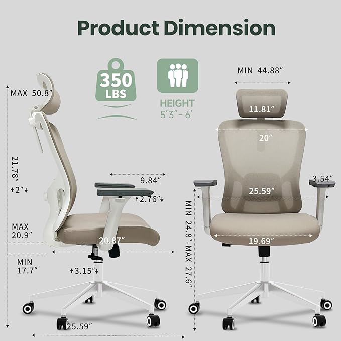 ZYFFHYLAI Ergonomic Office Chair - 350LB Mesh Office Chair with Adjustable Lumbar, High Back Computer Chair with 3D Armrests, Comfy Chair with 2D Headrest & Tilt Function for Study, Work, Gaming