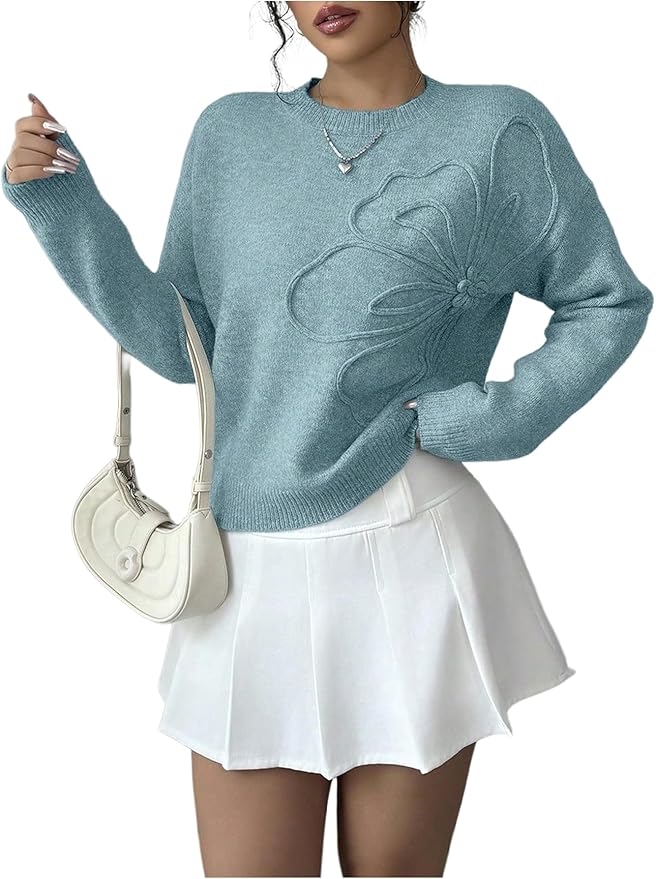 RoseSeek Women's 3D Floral Appliques Crewneck Sweaters Long Sleeve Drop Shoulder Pullovers Elegant Knit Tops