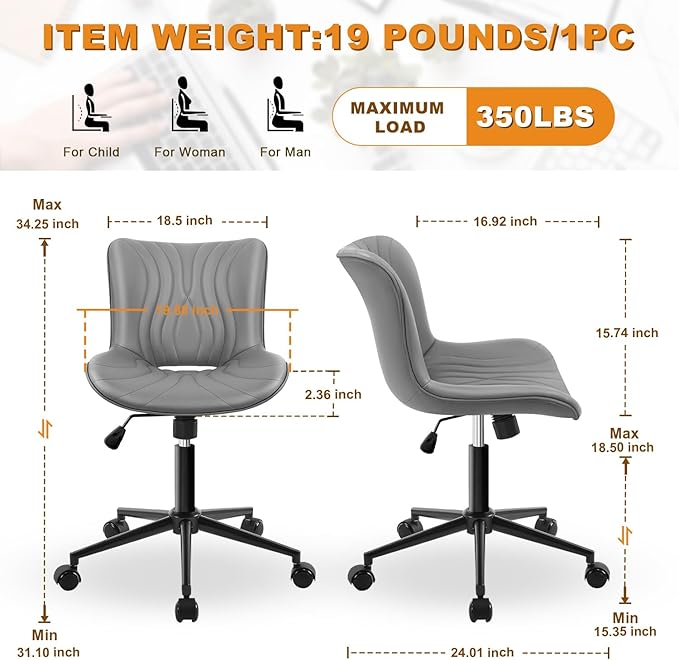 VATROS Office Chair, Armless Desk Chair with Wheels, Ergonomic Comfy Home Office Computer Task Chairs, Faux Leather Padded Cute Vanity Chair, Adjustable Height Swivel Chair with Back,Gray