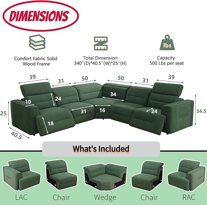 Power Recliner Sectional Sofa Set with USB Ports, Flannel Recliner Sofa Set with Adjustable Headrest, Reclining Sectional Couches, L-Shaped Living Room Furniture Set (Green, 5-Seater)