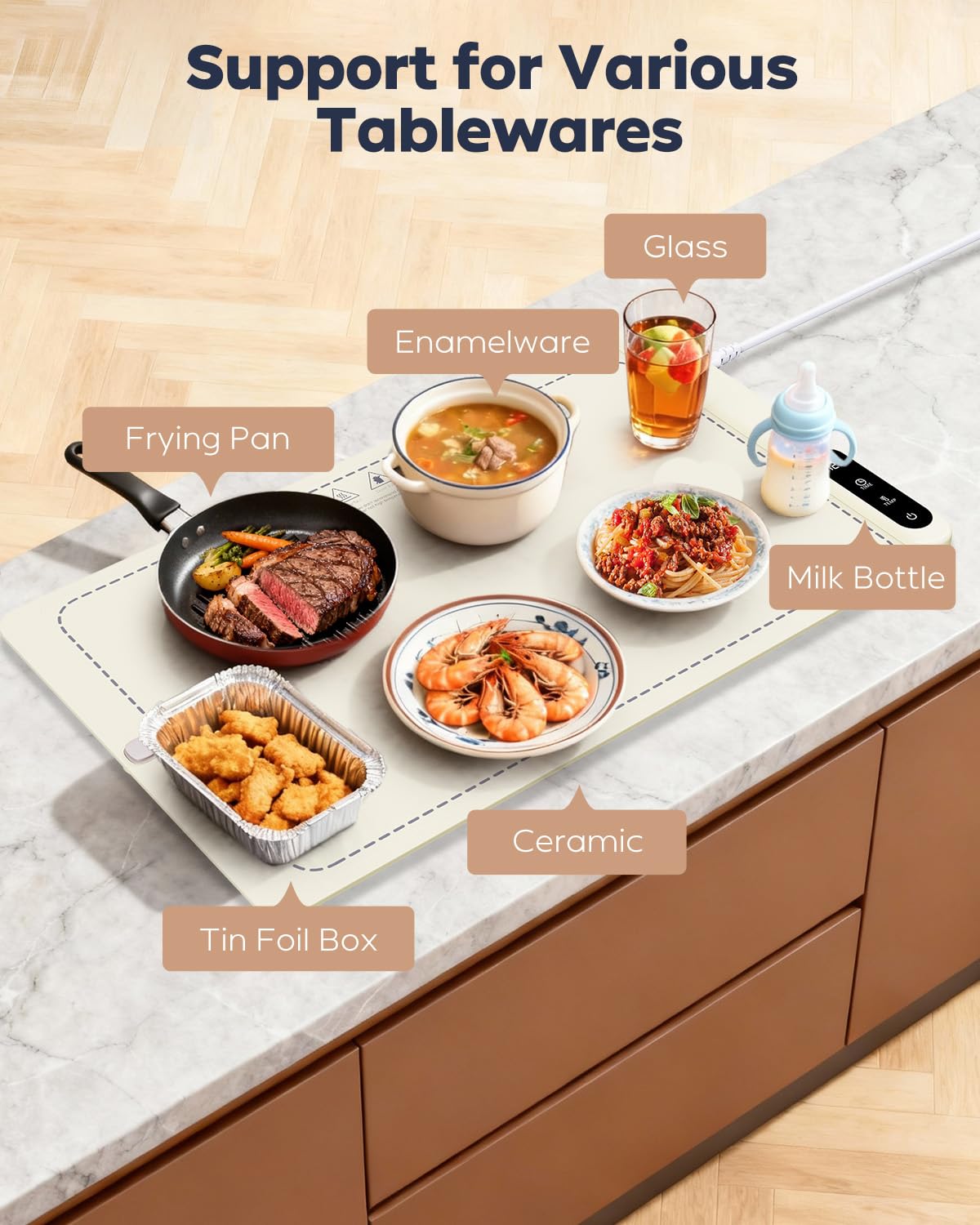 Food Warming Mat for Buffet,5s Full Surface Heating,Electric Warming Tray with 3m Power Cord,Roll Up Warming mat for Food,6 Level Adjustable TEM&6H Timer,Auto-Off (Beige, 23.6"×14.5"×0.47")