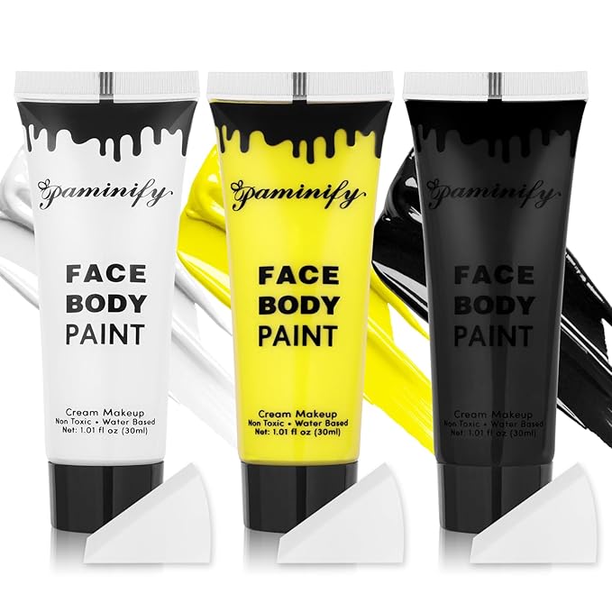 Black White Yellow Face Body Paint 1.01/pc with 3 Sponges,Water Based Face Paint Kit for Skull Tiger Makeup,Halloween SFX Makeup Cream Face Painting