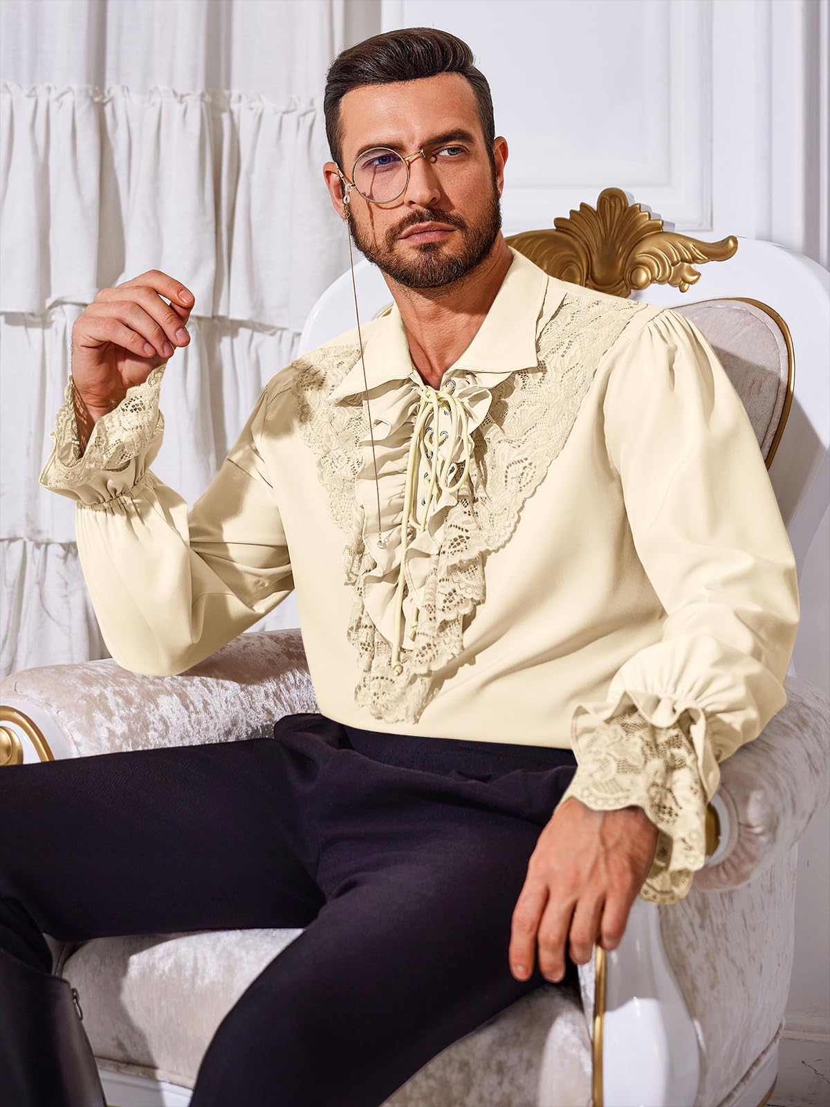 Runcati Mens Pirate Shirt Ruffle Renaissance Victorian Vampire Poet Shirts Medieval Steampunk Gothic Lace Costume