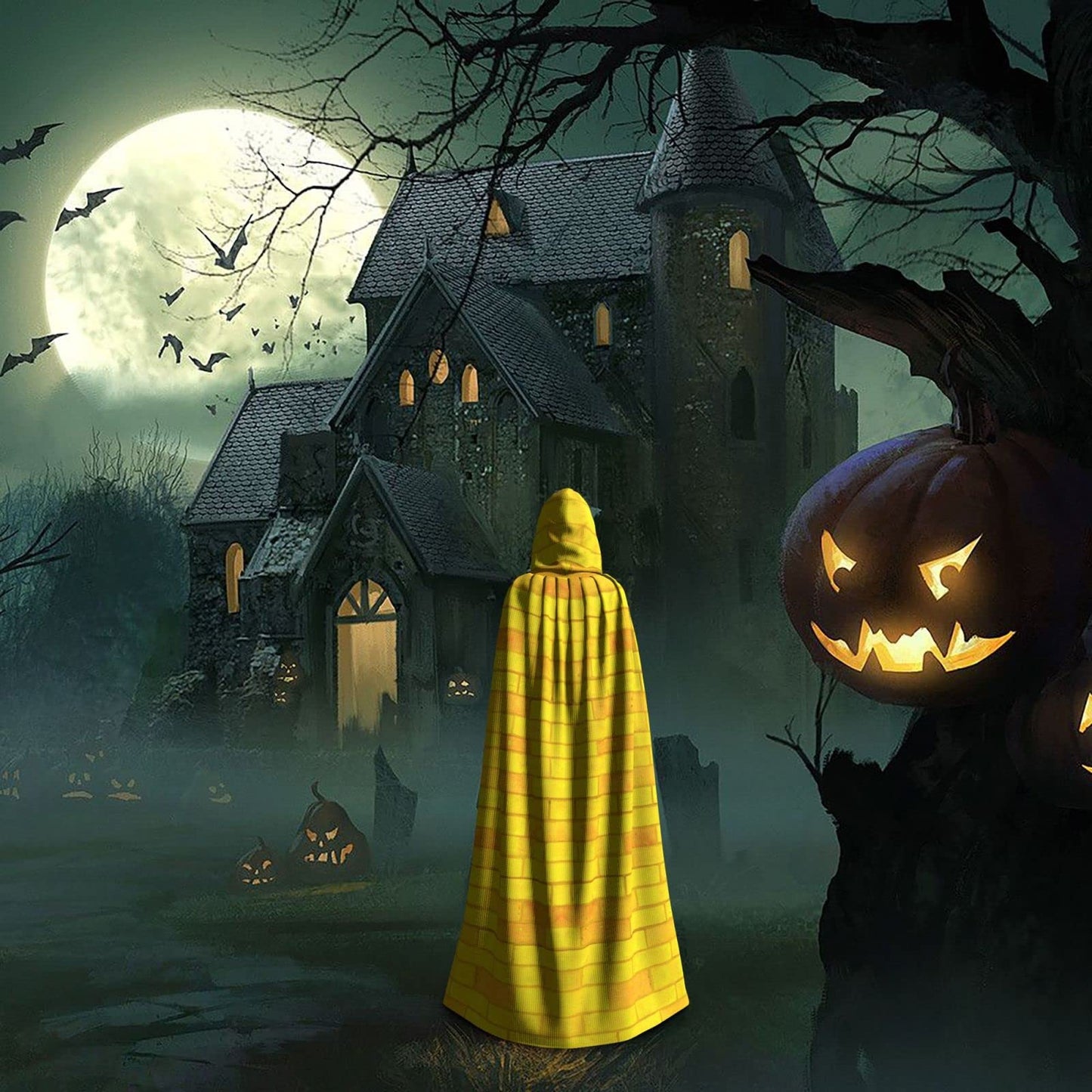 Aulwewd Brick Road of Yellow Halloween Hooded Cloaks Witch Robe Cloaks, Holiday Party Cosplay Costumes (Unisex)