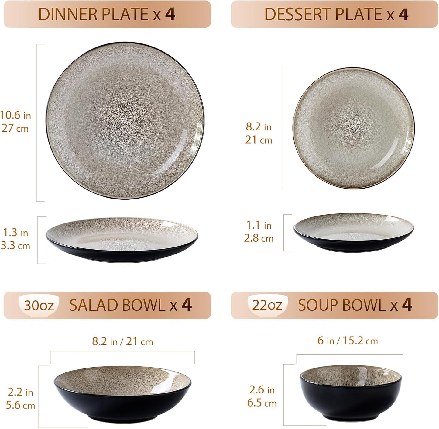 Plates and Bowls Sets for 4 - CJDC-QUELO 16-Piece Stoneware Dinnerware Sets, Ceramic Dishware Set for Kitchen Use and Formal Dining, Chip and Scratch Resistant Microwave Dishwasher Safe, Brown