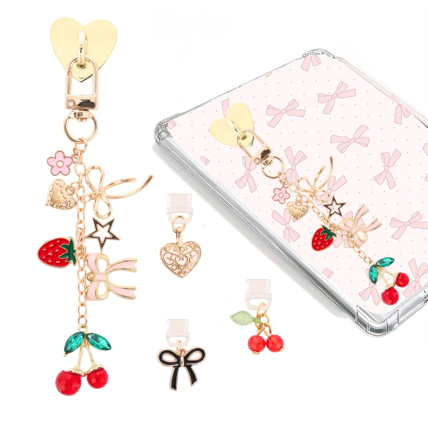 TAKEALOOKO Dust Plug Charm Chains Set for Kindle - 4Pcs Cute Cherry Strawberry E-Reader Phone Charms Type C Dustplug & Bracelet