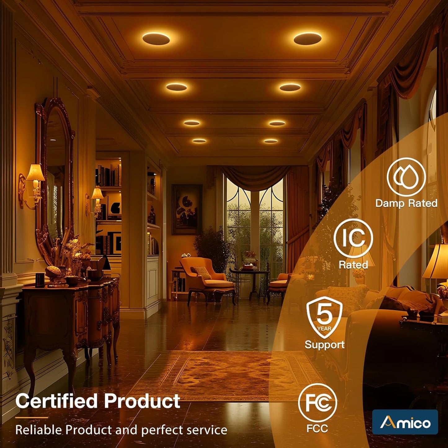 Amico 1 Pack 6 Inch 5CCT Ultra-Thin LED Recessed Ceiling Light with Night Light, 2700K/3000K/3500K/4000K/5000K Selectable, 12W Eqv 110W, Dimmable Canless Wafer Downlight, for 6/12 Pack
