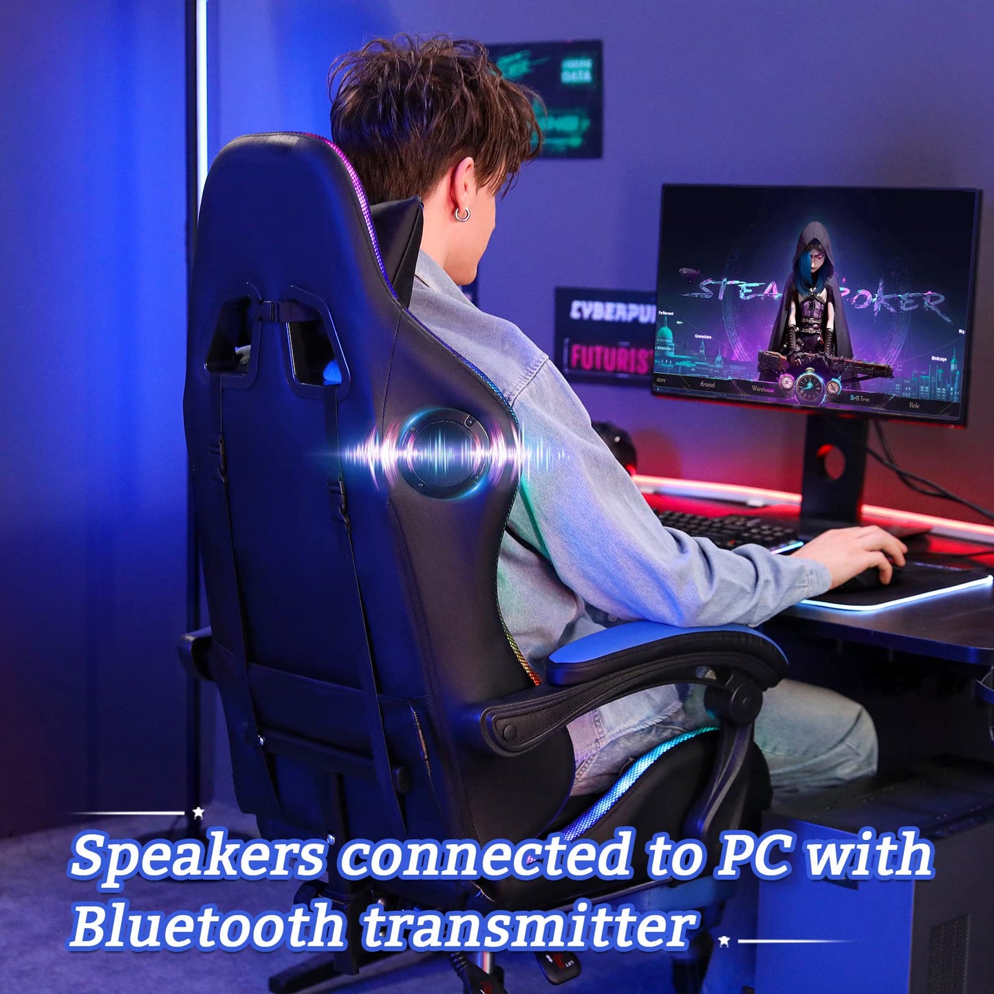 Gaming Chair with Bluetooth Speakers and RGB LED Lights Ergonomic Massage Video Game Chair with Footrest High Back with Lumbar Support Blue and Black