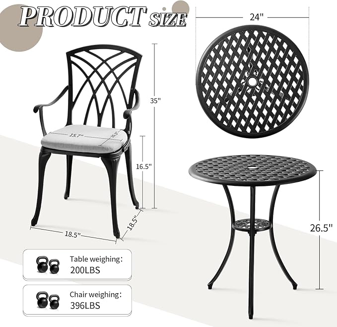 Withniture Patio Bistro Sets Cast Aluminum Bistro Table and Chairs Set of 2 with Umbrella Hole,Outdoor Bistro Set with Cushion for Yard (BLACK1)