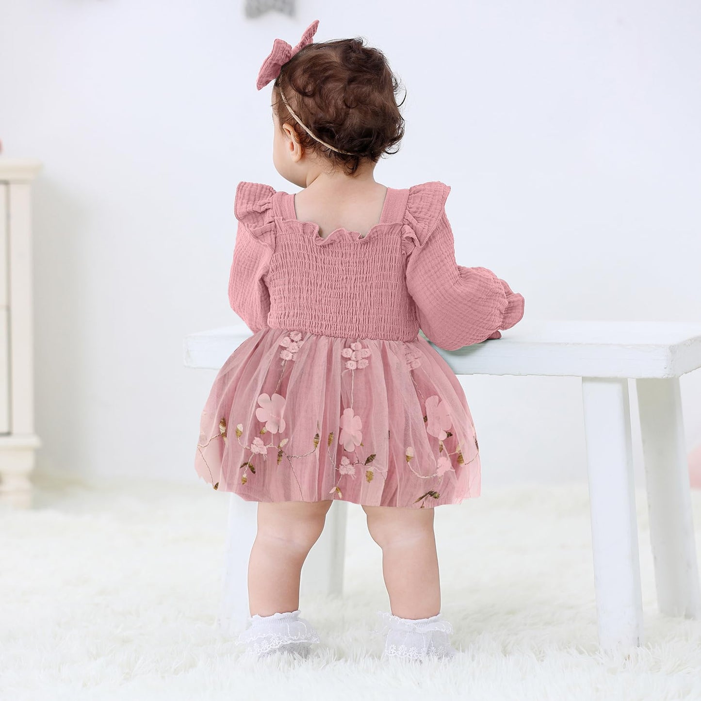 TITKKOP Baby Girl 1st Birthday Clothes One Year Old Tulle Romper Long Sleeve Bodysuit Cake Smash Outfits(rose pink,12-18M)