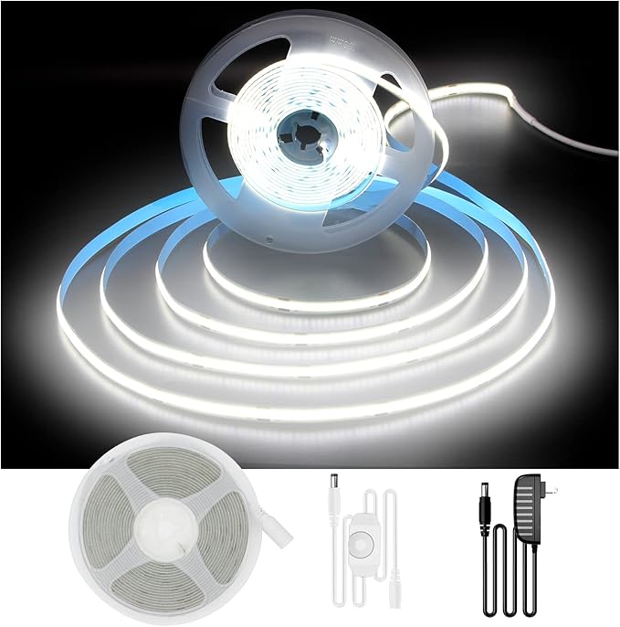 DAYBETTER COB LED Strip, 16.4 ft White LED Strip Lights, Dimmable LED Light Strip 6500K Bright Daylight White, 24V, 1600LE...