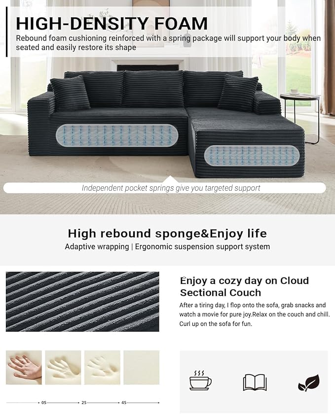 Vanress Cloud Couch Sectional, Corduroy Boneless Couch with L-Shape Chaise, Modern Modular Sectional Sofa Comfy Deep Seat for Living Room, Bedroom, No Assembly (Dark Grey, Right Facing Chaise)