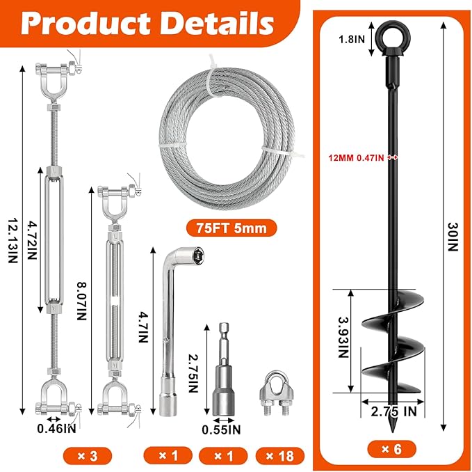 30" Ground Anchors Shed Anchors Kit with 3/16" 75FT Galvanized Cable & M6 304 Stainless Steel Turnbuckles, Heavy Duty Earth Anchors for Sheds Trees Trampoline Greenhouse Swing Set Tent, 6Pack Black