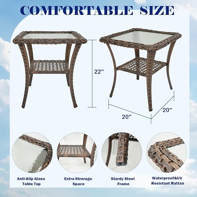 Rilyson Wicker Patio Furniture Set - 5 Piece Balcony Furniture Set with Hidden Ottomans, Rattan Outdoor Patio Chairs with Side Table for Porch Deck Poolside Garden Brown/Blue