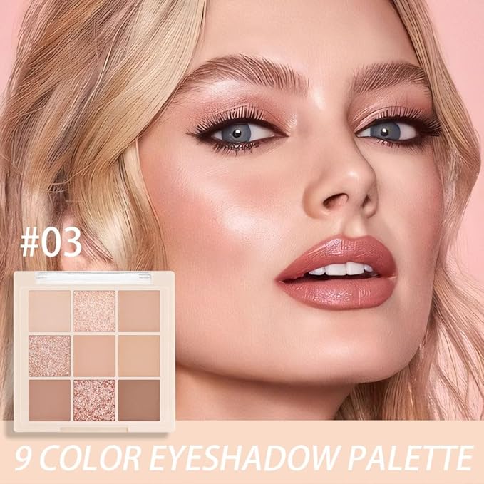 AMY'S DIARY Matte Shimmer Eye Shadow Palette Makeup,Eyeshadow Long Lasting Waterproof Cruelty-Free, 9 Blendable Shades in Smooth Matte and Shimmer Finishes with Gorgeous Pearls for Girls (03#)
