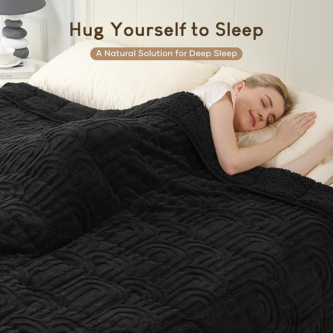 Cottonblue Jacquard Weighted Blanket for Adults 20 lbs Queen Size, Cozy Fluffy Sherpa Fleece Weighted Throw Blankets 60" x 80" for Sleep Relax, Fuzzy Warm Arch Heavy Blanket Soft for Bed Couch, Black