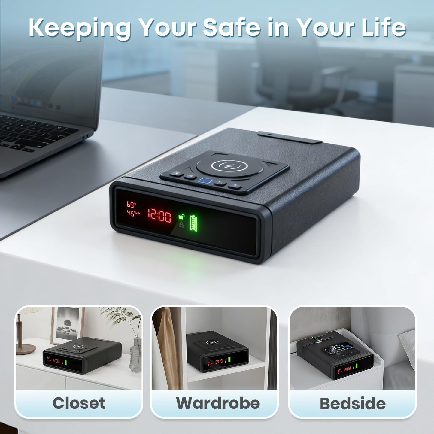 Biometric Fingerprint Gun Safe with Phone & Watch Wireless Charging, 3 Quick Access, Clock Handgun Safe with Adjustable Brightness, Backlit Keypad, Pistol safe for home, office, family