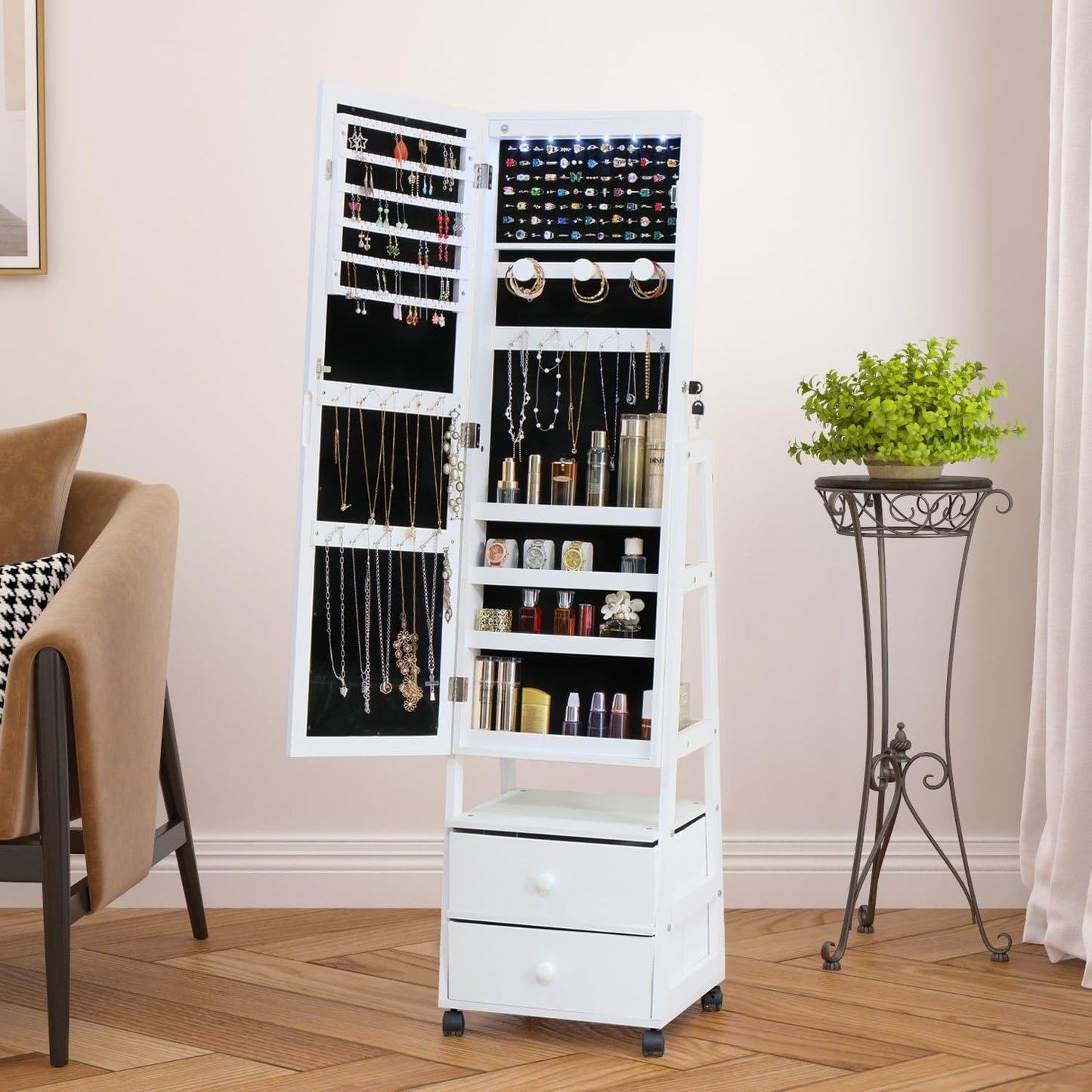 MASMIRE Jewelry Armoire Cabinet Organizer Standing with 20 LED Lights Lockable Full Length Mirror with Storage Shelves and 2 Drawers (White) Adjustable Tilt Angles Gift for Her