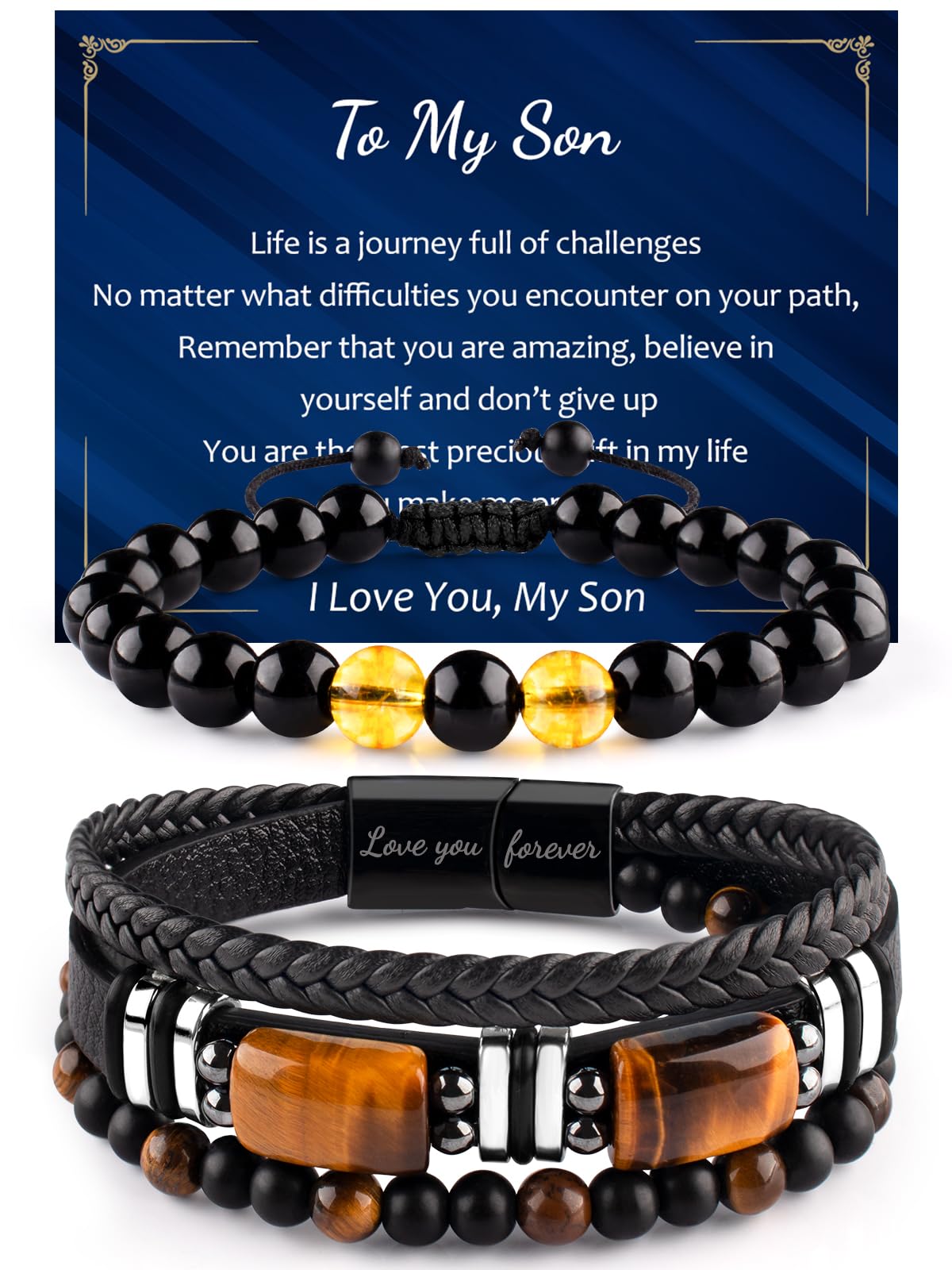 Leather Bracelets for Men Natural Tiger Eye Black Obsidian Healing Crystal Beaded Bracelets Set Birthday Christmas Commemorative gifts for Dad Son Grandson Man Boyfriend Brother (Black-To My Son)