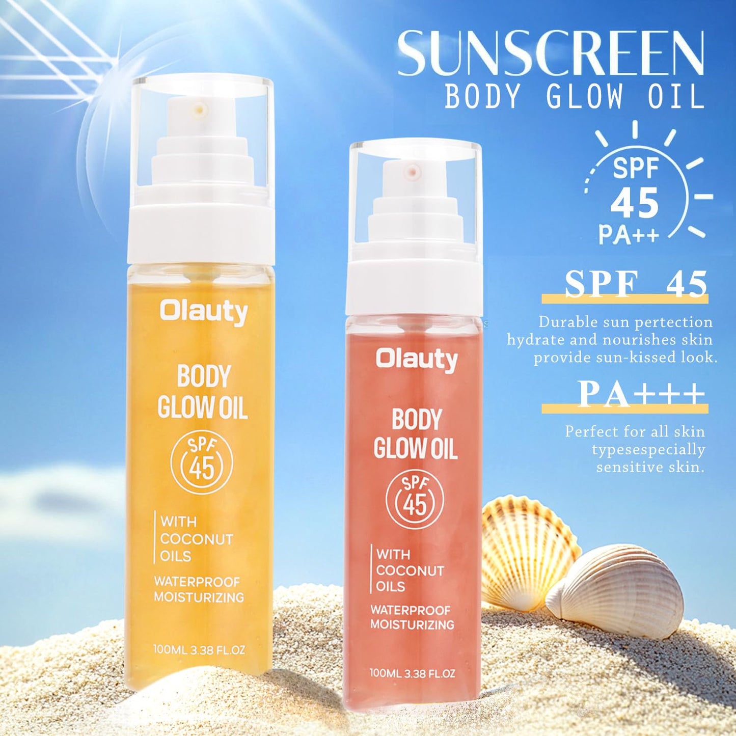 firstfly Sunscreen Body Oil SPF45 Body Moisturizer Oil Serum with Coconut Oil for Dry Skin Nourishing Glowing Skin Care Body Shi