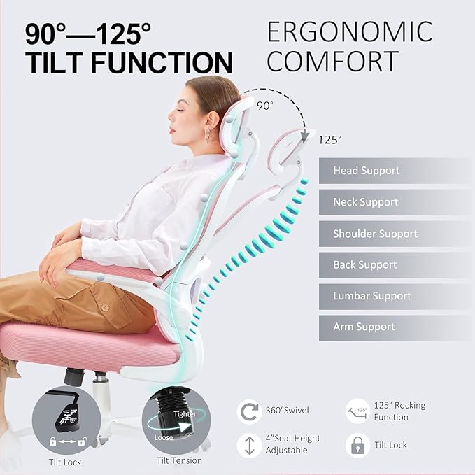 TUKAKA Ergonomic Office Chair,Ultra Thick Office Desk Chair with Adjustable Lumbar Support and Headrest,Spring Cushion,Rocking Function,Flip-up arms,Mesh Computer Chair for Home Office,Pink