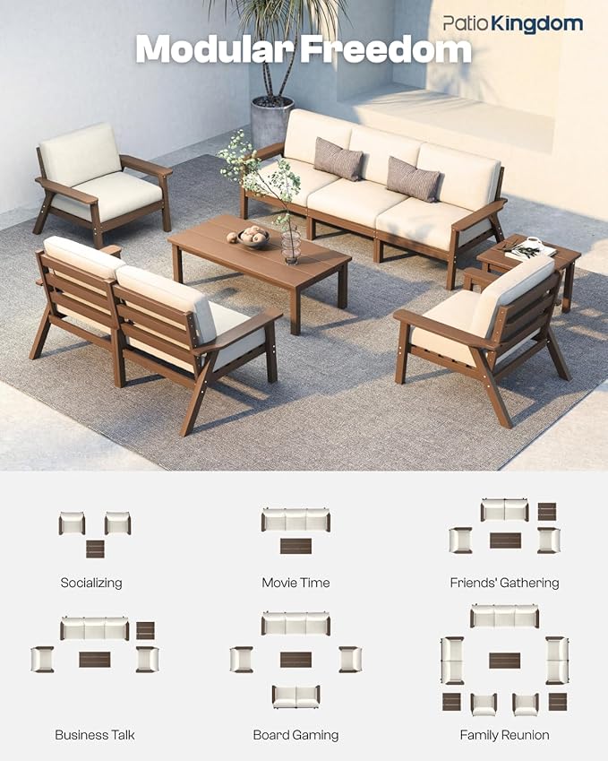 Patio Kingdom Patio Furniture Set with Washable Thick Beige Cushions, Coffee Table & Side Table, HDPE Outdoor Couch, All-Weather Outdoor Sectional Furniture, Patio Conversation Sets (Brown Frame)