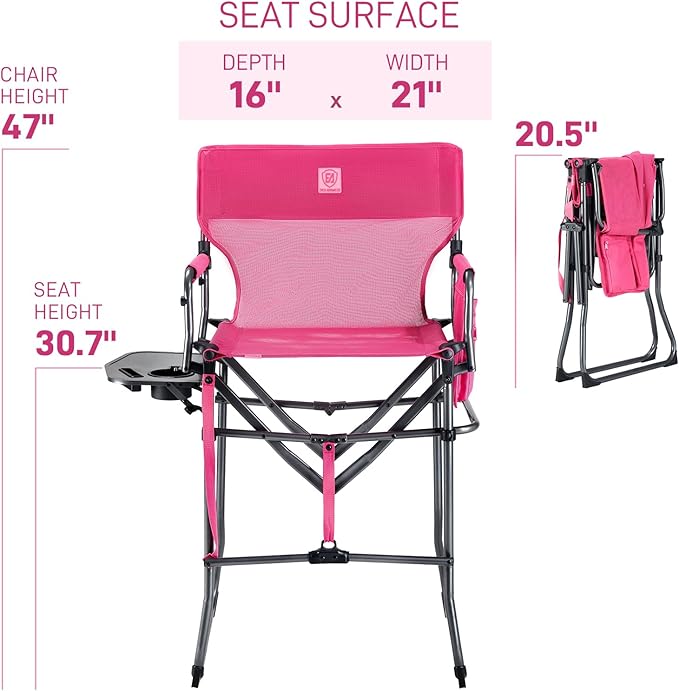 EVER ADVANCED Tall Textilene Camping Chair Mesh Directors Chair High Foldable Bar Stool with Side Table for Makeup Artist, Sports Event, Craft Show, Supports 350LBS Pink
