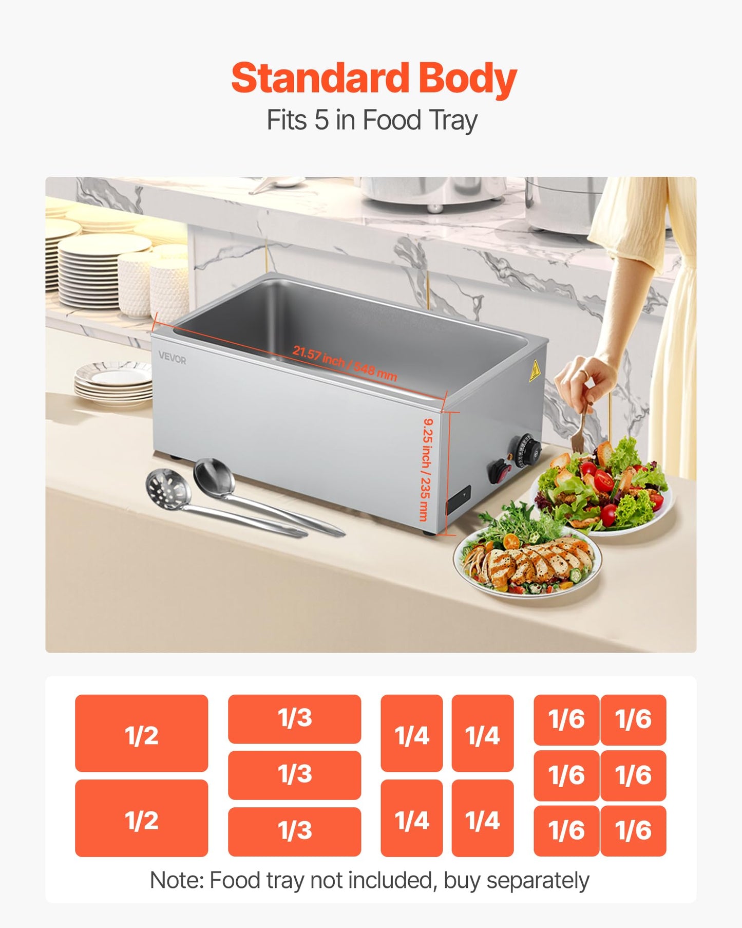 VEVOR Commercial Food Warmer, 1200W Electric Stainless Steel Steam Food Warmer, Fast Heating Countertop Buffet Bain Marie with Soup & Perforated Ladles, for Catering, Restaurants, Parties, Buffets
