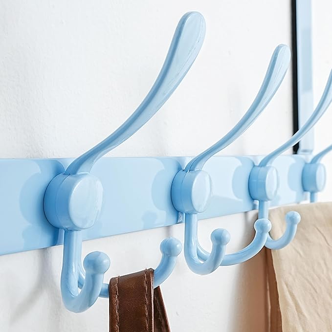 Dseap Over The Door Hook Hanger - 5 Tri Hooks, Heavy Duty Over The Door Towel Rack Coat Rack for Clothes Hat Towel, Blue, 2 Packs