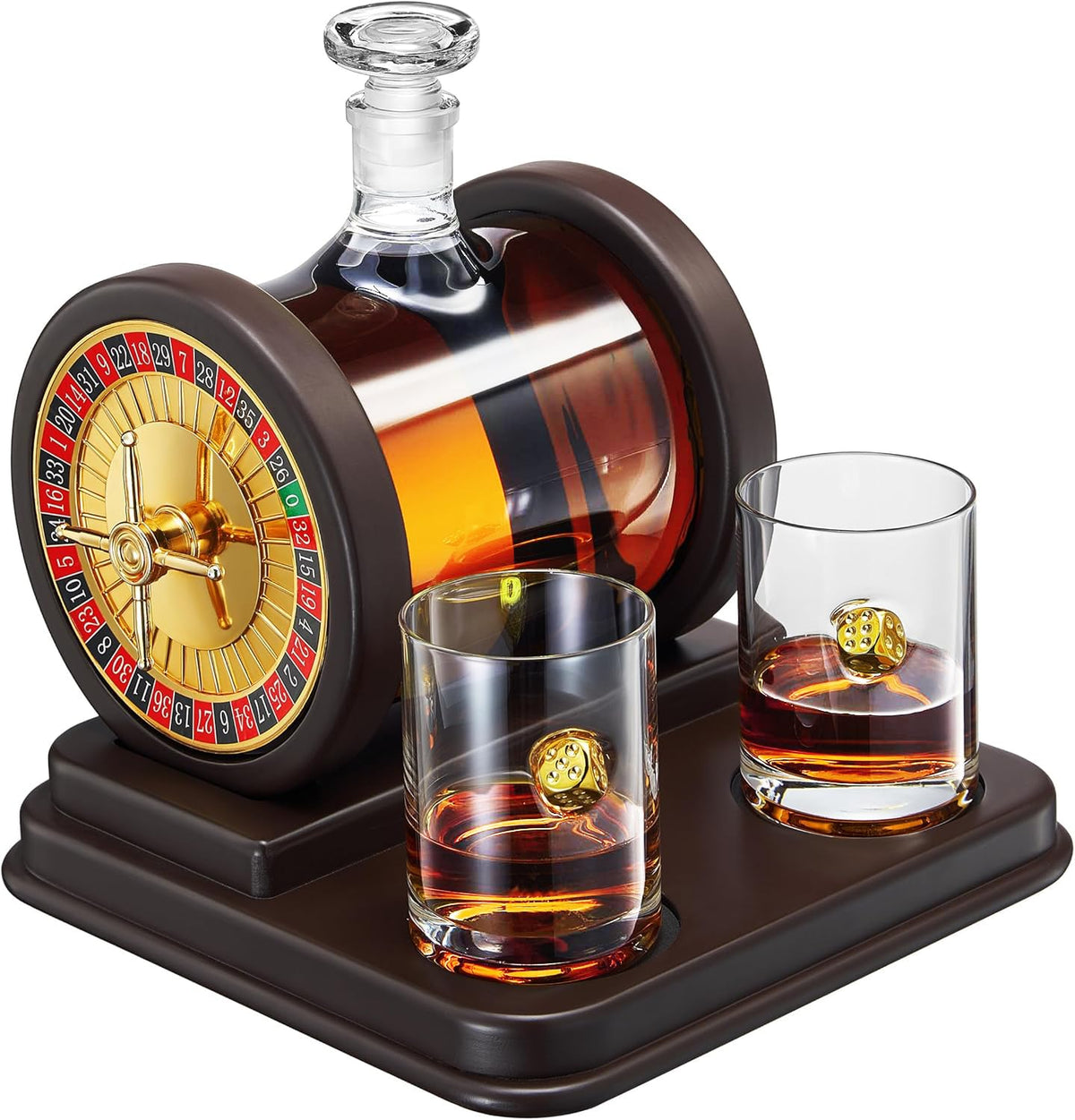Casino Roulette Whiskey Decanter for Men, Husband, Him | 67.6 OZ Decanter With 2 x 10oz Dice Whiskey Glasses | Gold & Wood Gambling Slot Gift for Bourbon, Scotch, Liquor, Gifts For Dad, Guy, Winter