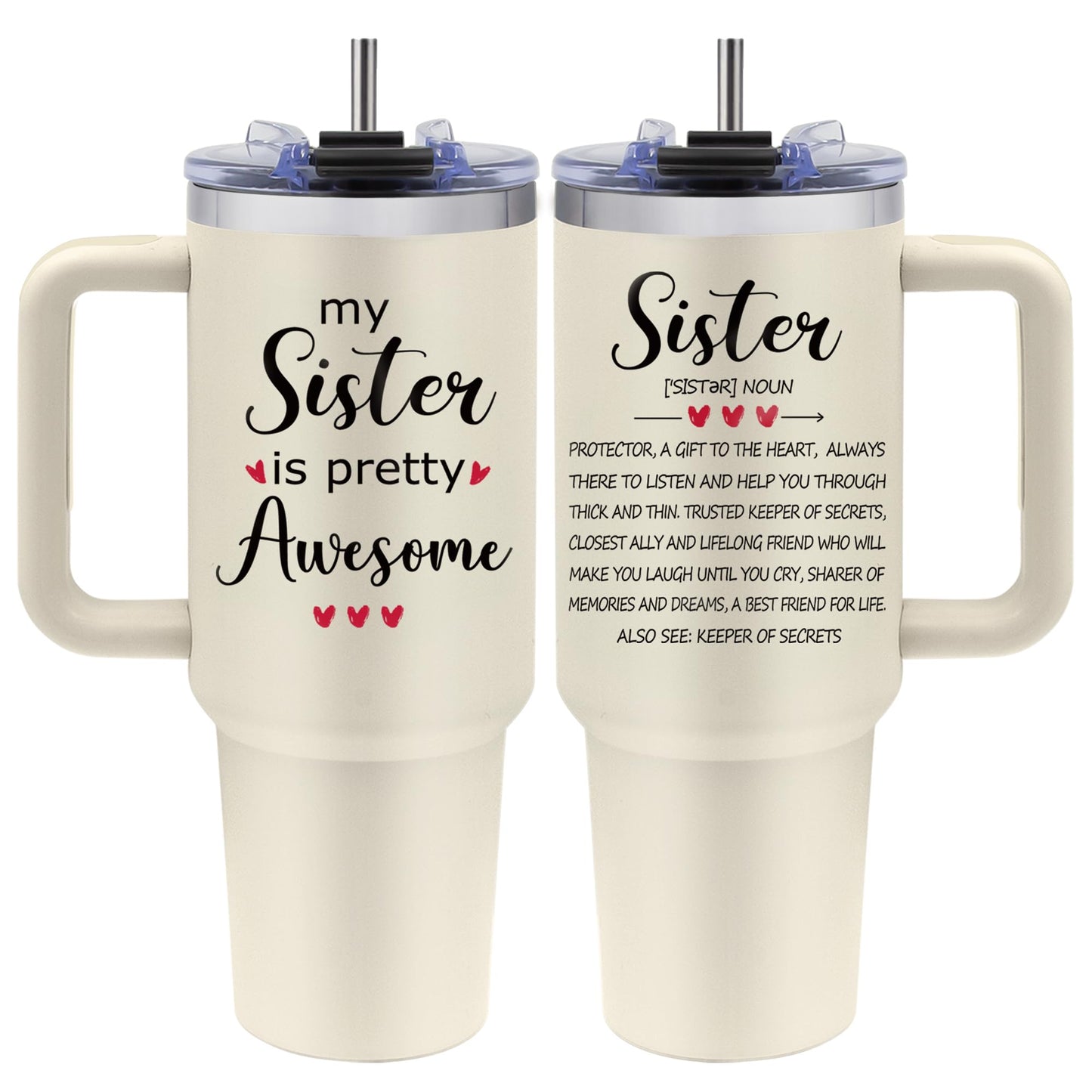 Vprontse Sister Birthday Gifts - Sister Tumbler with Handle - 40oz Stainless Steel Travel Mug Insulated Coffee Cup, Birthday Gifts for Sisters Adult, Sisters Gifts for Women, Christmas