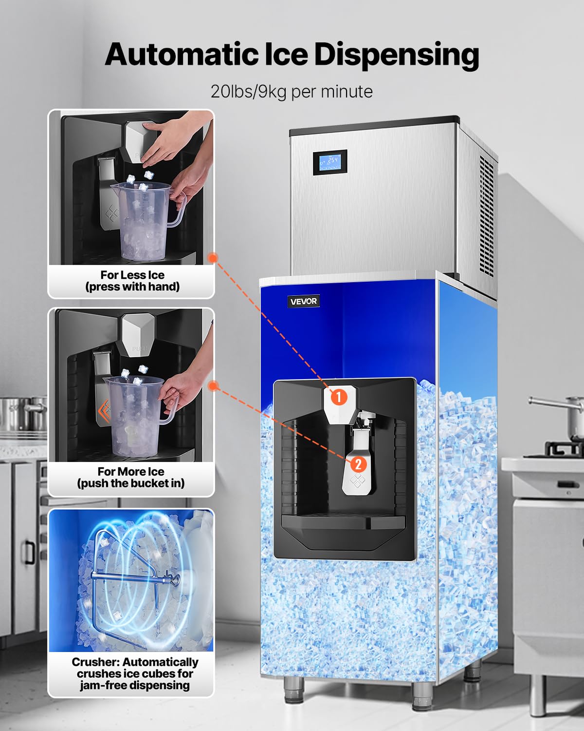 Vevor Commercial Ice Maker, 500 Lbs/Day Ice Maker Machine, 180 Lbs Large Ice Storage Bin With 20 Lbs/Min Automatic Ice Dispensin