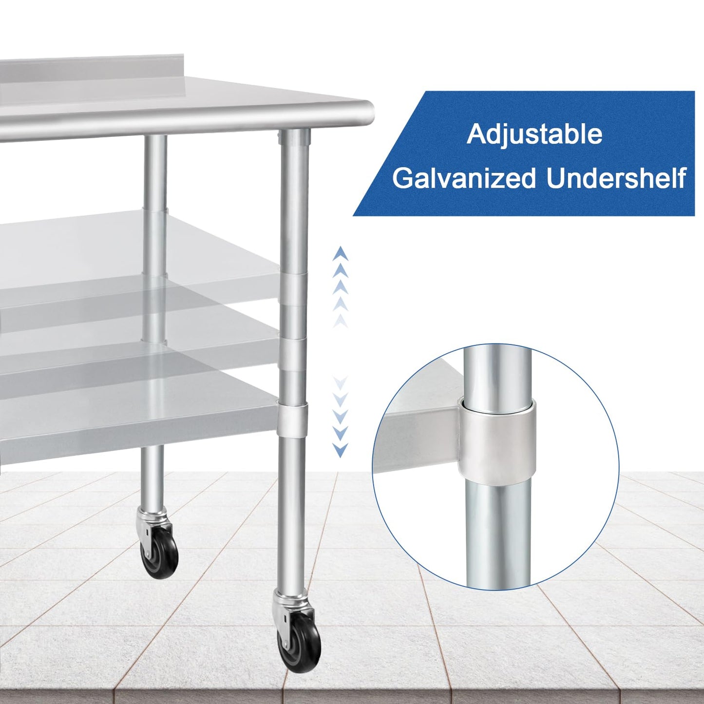 HARDURA Stainless Steel Table 24 x 30 Inches with Wheels Casters NSF Heavy Duty Commercial Prep Table with 2” Backsplash and Adjustable Undershelf for Restaurant Kitchen Home and Hotel