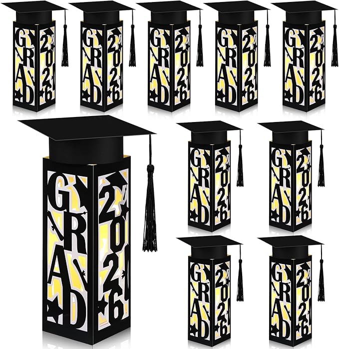 Tellingyou 9 Pcs Graduation Table Centerpieces Boxes 2026 Graduation Lantern Boxes with LED Light Small Cap Table Decorati...